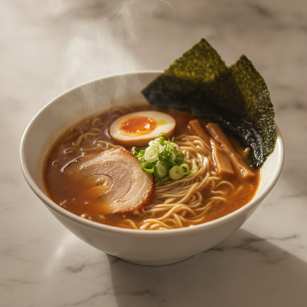 A perfectly composed ramen bowl in a minimalist studio setting, clean white background, dramatic side lighting emphasizing steam