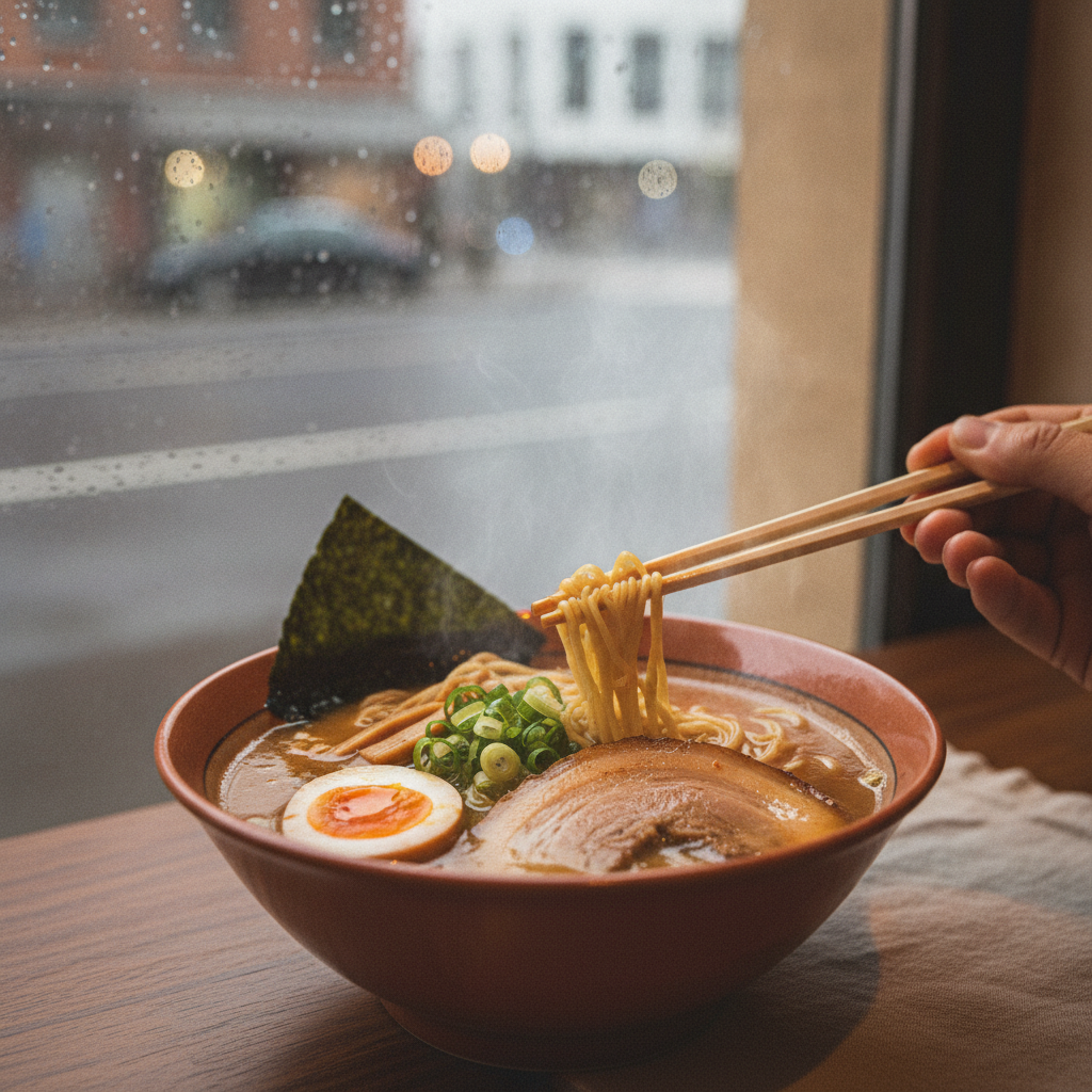 A moody, atmospheric shot of a ramen bowl on a rainy evening, condensation on a window in the background, warm interior glow, evoking comfort and warmth.
