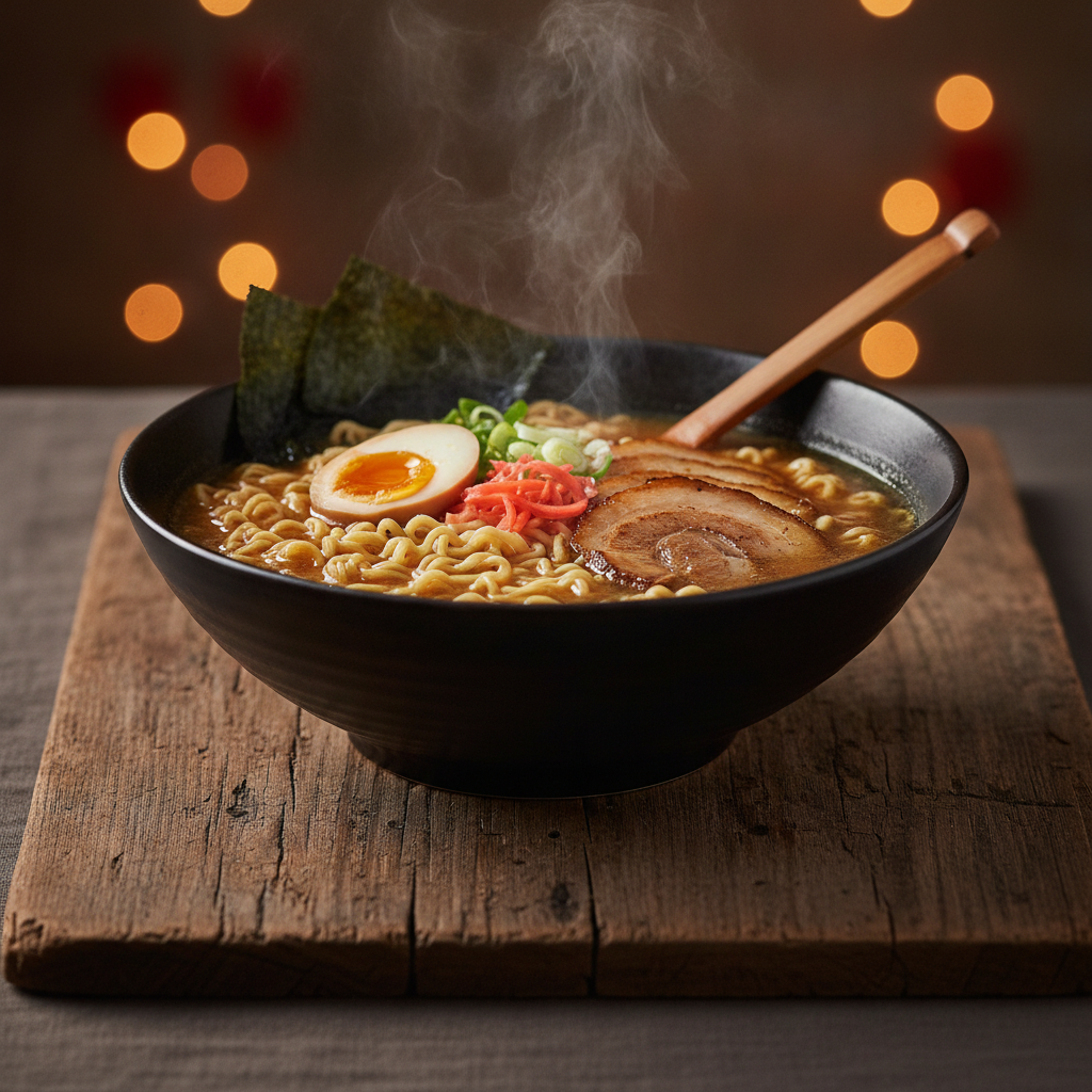 A steaming ramen bowl placed on a rustic wooden table in a cozy, dimly lit Asian restaurant setting, with soft bokeh lights in the background