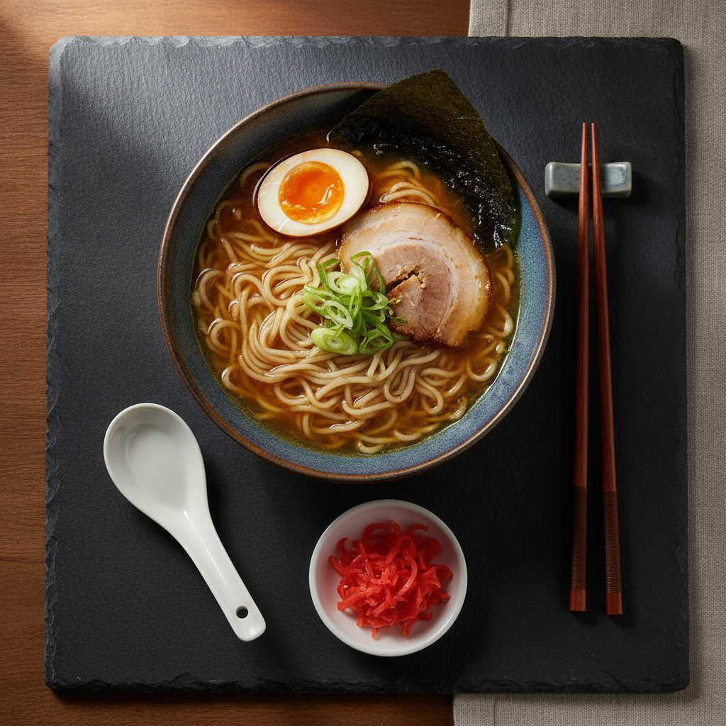 A beautifully styled flat lay of a ramen bowl alongside traditional Japanese chopsticks, a ceramic spoon, and a small side dish