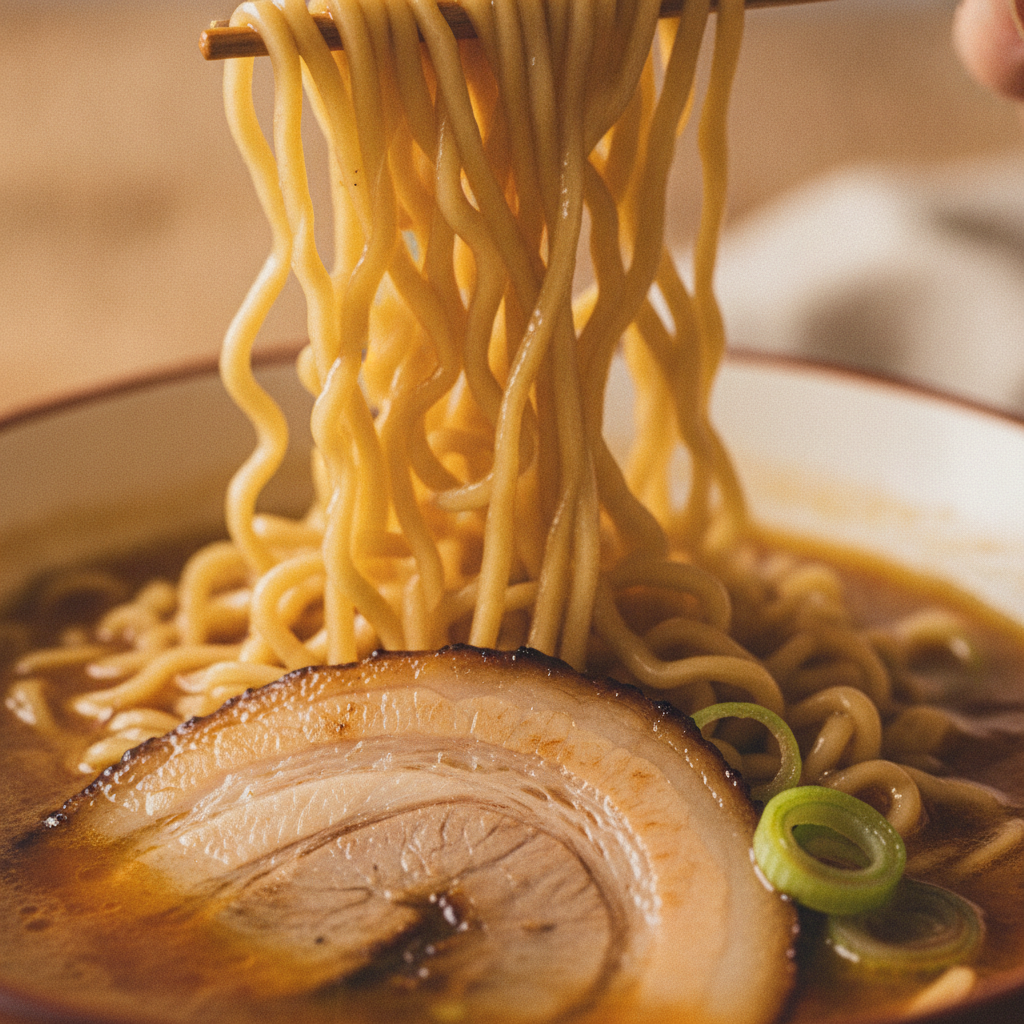 Extreme close-up macro shot of the perfectly cooked ramen noodles glistening in rich broth, with a fragment of chashu pork